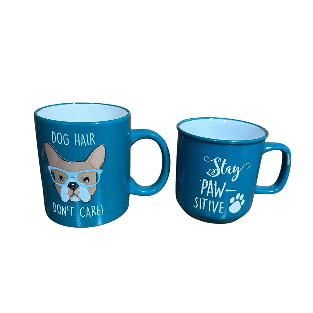 French Bulldog Frenchie Dog Hair Don’t Care Large Turquoise Coffee Mugs Set of 2